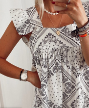 Load image into Gallery viewer, Pre-Order Square Neck Flutter Sleeve Bohemian Print Mini Dress