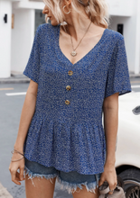 Load image into Gallery viewer, Pre-Order Floral Buttons Henley V Neck Ruffle Hem Top