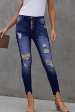 Load image into Gallery viewer, Button Fly Distressed Jeans with Cut Hem