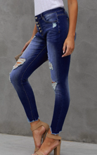 Load image into Gallery viewer, Button Fly Distressed Jeans with Cut Hem