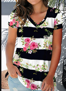 Pre-Order Floral Striped V Neck Graphic Tee