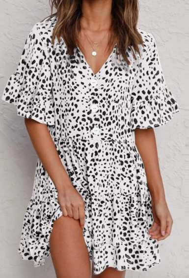 Leopard V Neck Ruffled Mini Dress with Buttons