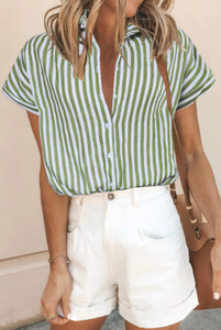 Pre-Order Short Sleeve Buttoned Striped Print Blouse