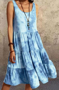 Pre-Order Light Blue Tie Dye Ruffle Hem Tank Mini Dress