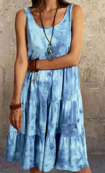 Pre-Order Light Blue Tie Dye Ruffle Hem Tank Mini Dress