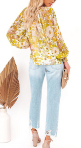 Yellow Tasseled Drawstring V Neck Floral Sleeve Blouse