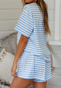 Pre-Order Sky Blue Stripe Print T-shirt and Elastic Waist Shorts Set