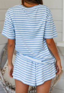 Pre-Order Sky Blue Stripe Print T-shirt and Elastic Waist Shorts Set