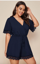 Load image into Gallery viewer, Pre-Order Plus Size Lace Trim Wrap Neck Rompers