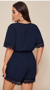 Pre-Order Plus Size Lace Trim Wrap Neck Rompers