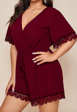 Load image into Gallery viewer, Pre-Order Plus Size Lace Trim Wrap Neck Rompers