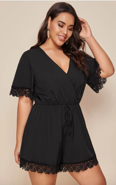 Pre-Order Plus Size Lace Trim Wrap Neck Rompers