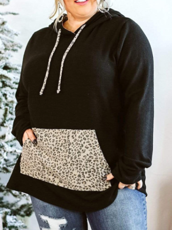 Plus Size Leopard Kangaroo Pocket Hoodie