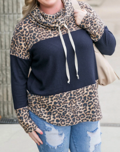 Pre-Order Plus Size Leopard Color Block Cowl Neck Top