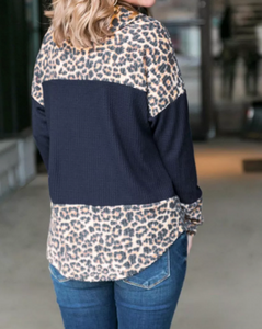 Pre-Order Plus Size Leopard Color Block Cowl Neck Top