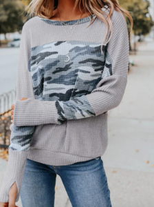 Pre-Order Gray Waffle Thumb Hole Camo Print Top