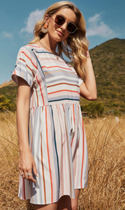 Pre-Order Beige Rainbow Stripe Print Mini Shirt Dress