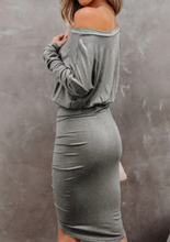 Load image into Gallery viewer, Pre-Order Crewneck Long Sleeve Shirred Split Bodycon Dress