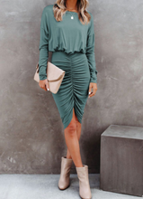 Load image into Gallery viewer, Pre-Order Crewneck Long Sleeve Shirred Split Bodycon Dress