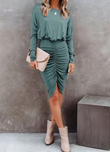 Pre-Order Crewneck Long Sleeve Shirred Split Bodycon Dress