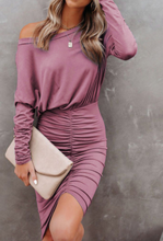 Load image into Gallery viewer, Pre-Order Crewneck Long Sleeve Shirred Split Bodycon Dress