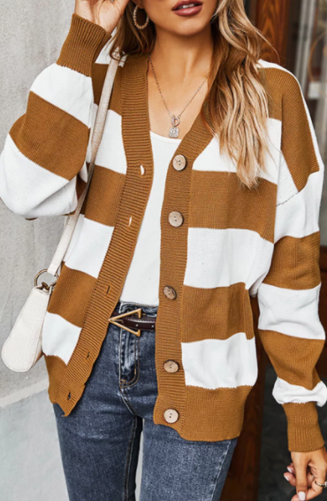 Pre-Order Color Block Stripes Button Knit Cardigan