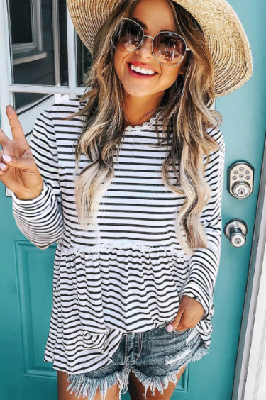 Flowy A-line Stiped Print Long Sleeve Top