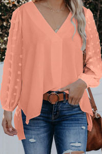 Pre-Order Coral Swiss Dot V Neck Long Sleeve Blouse