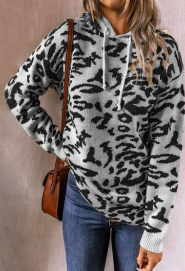Pre-Order Knit Leopard Print Long Sleeve Hooded Sweatshirts