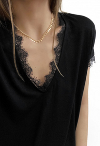 Pre-Order V Neck Lace Trim Short Sleeve Top