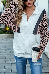 Pre-Order Leopard Spliced Half Zip Sweatshirt