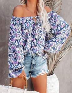 Pre-Order Vintage Print Split Neck Blouse