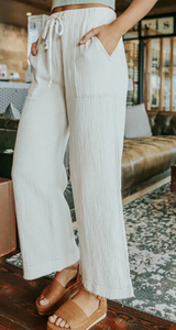 White  Drawstring Waist Crinkled Wide Leg Pants