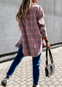 Pre-Order Pink Plaid Pattern Buttoned Shirt Coat with Slits