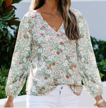 Load image into Gallery viewer, Pre-Order Green Floral Print V Neck Long Puff Sleeve Top