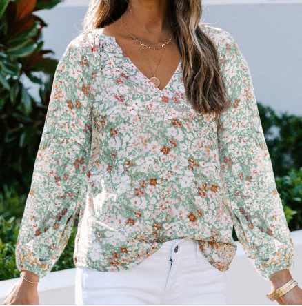 Pre-Order Green Floral Print V Neck Long Puff Sleeve Top