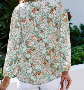 Pre-Order Green Floral Print V Neck Long Puff Sleeve Top