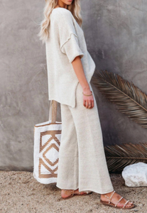 Pre-Order Beige Cotton Blend Relaxed Top and High Rise Pants Lounge Set