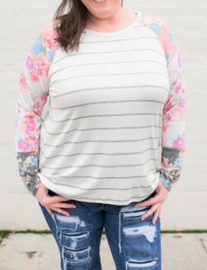 Plus Size Striped Floral Long Sleeve Top