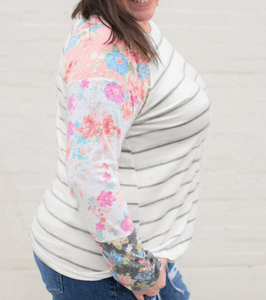 Plus Size Striped Floral Long Sleeve Top