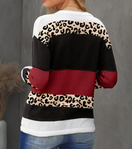 Pre-Order Crewneck Leopard Color Block Knit Pullover Sweater