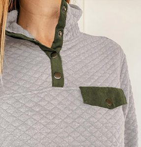 Pre-Order Quilted Snaps Stand Neck Sweatshirt with Fake Front Pocket