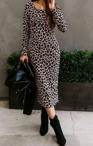 Pre-Order Leopard Long Sleeve Side Split Bodycon Dress