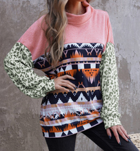 Load image into Gallery viewer, Pre-Order Leopard Aztec Splicing Long Puff Sleeve Sweatshirt