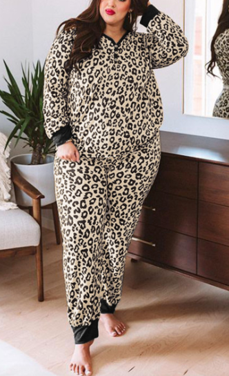 Pre-Order Plus Size Leopard V Neck Top And Sweatpants Lounge Set