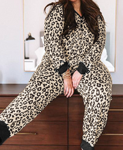 Load image into Gallery viewer, Pre-Order Plus Size Leopard V Neck Top And Sweatpants Lounge Set