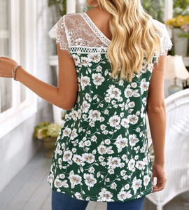 Pre-Order Green Floral V-neck Top with Lace Accents
