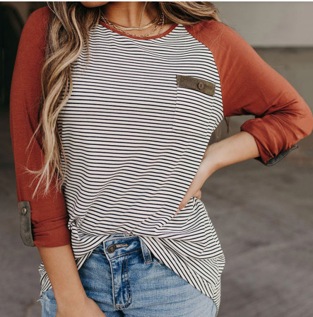 Raglan Sleeve Splicing Striped Top with Pocket