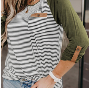 Raglan Sleeve Splicing Striped Top with Pocket