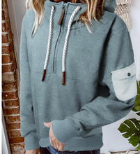 Load image into Gallery viewer, Pre-Order Half Zip Pocket Patchwork Long Sleeve Hoodie